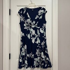 Chaps Navy Blue, Mint Green, and White Floral XL Flare & Fit Dress